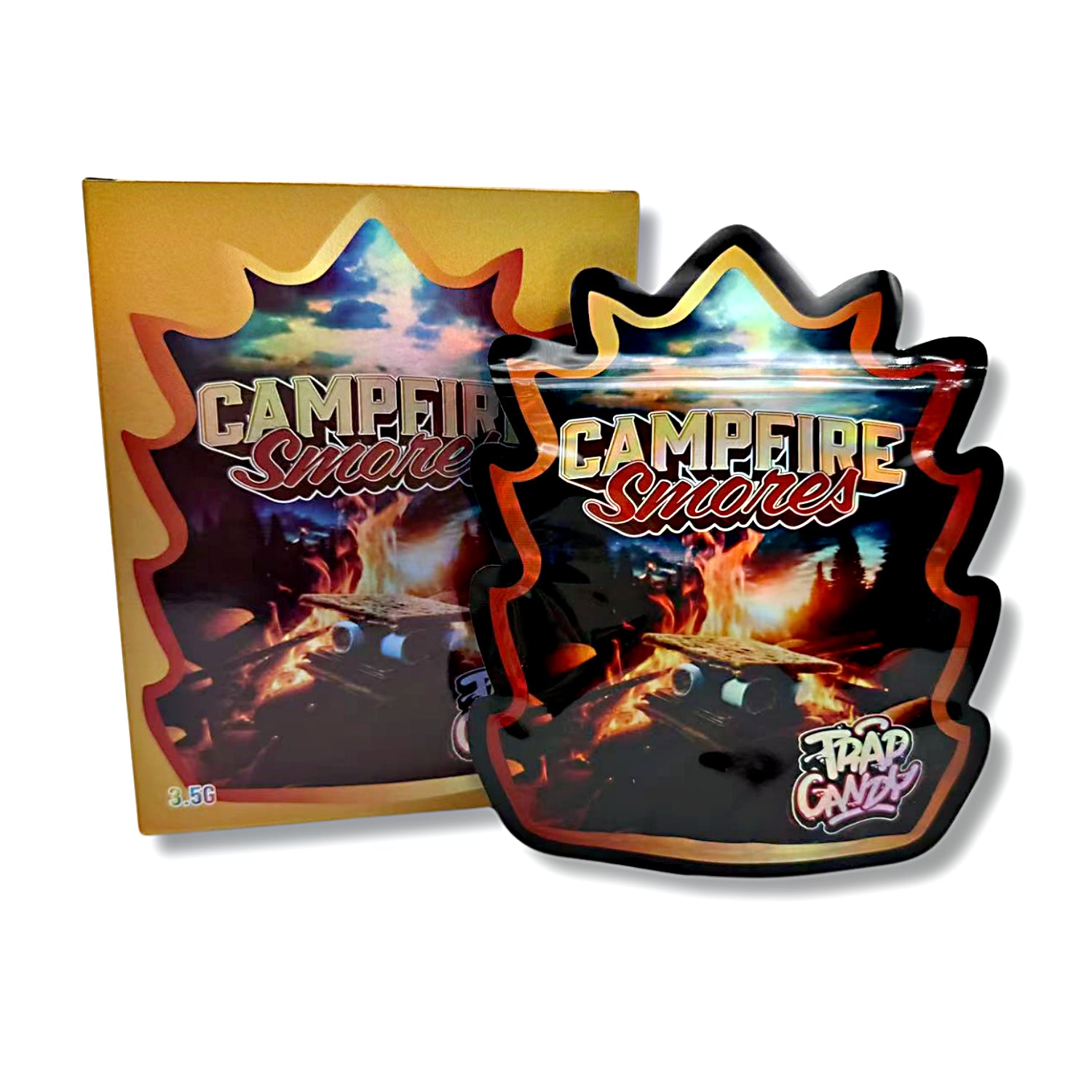 Mylar bags with box, herb Mylar Bags, Where to buy mylar bags, Custom mylar bags near me, Mylar Bags Wholesale.Two 'Campefire Smores' product packages with a campfire design on a white background.