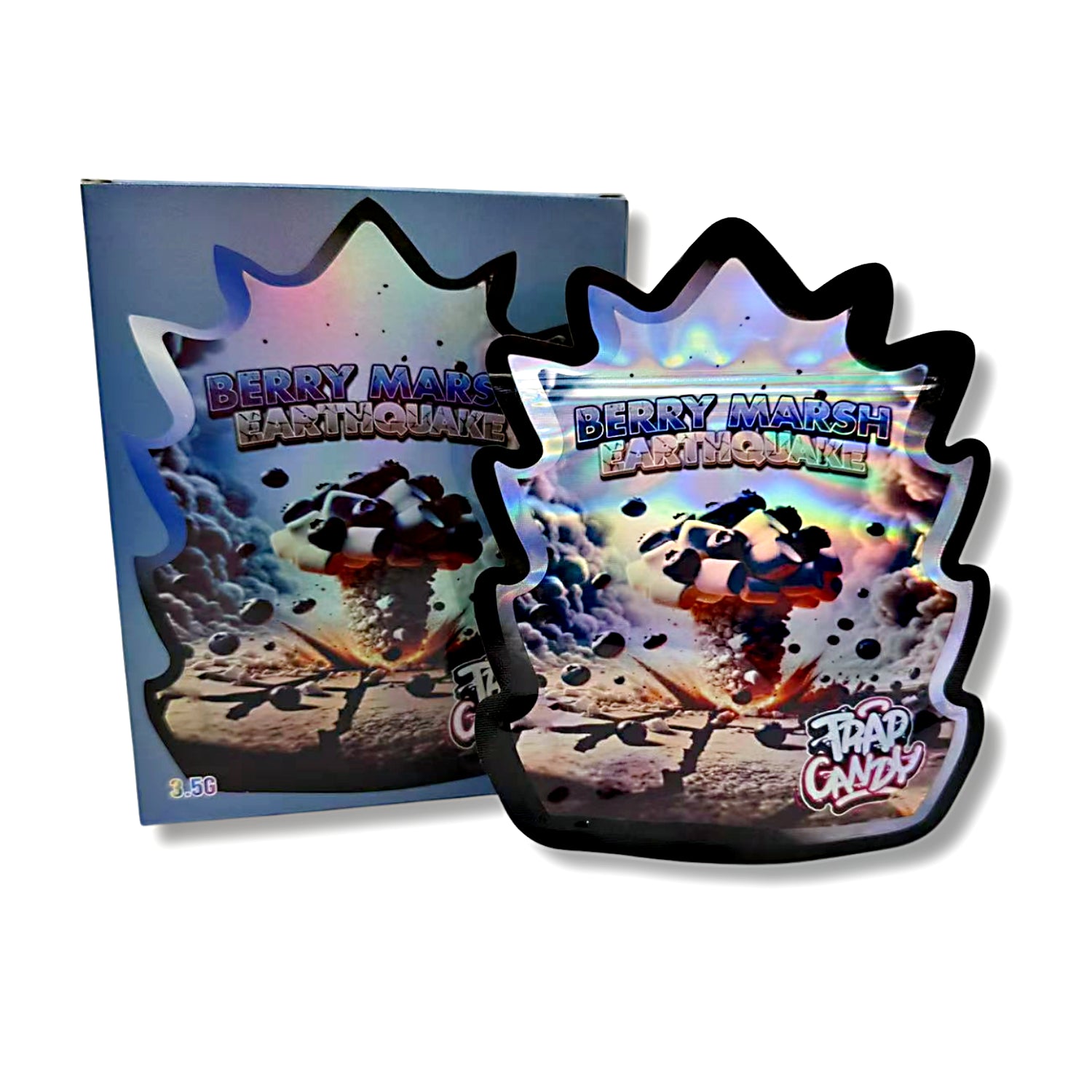 Mylar bags with box, herb Mylar Bags, Where to buy mylar bags, Custom mylar bags near me, Mylar Bags Wholesale.Holographic candy packaging with 'Berry Marsh Earthquake' text and character design on a white background
