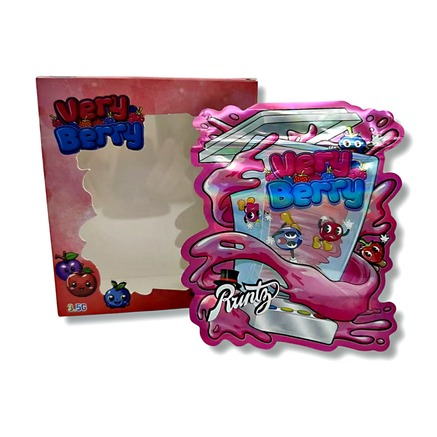 Mylar bags with box, herb Mylar Bags, Where to buy mylar bags, Custom mylar bags near me, Mylar Bags Wholesale.Pink toy with 'Very Berry' branding on a white background
