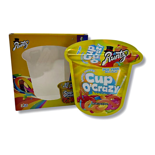 Mylar bags with box, herb Mylar Bags, Where to buy mylar bags, Custom mylar bags near me, Mylar Bags Wholesale.Cup O' Crazy candy packaging with yellow box and colorful candy on a white background
