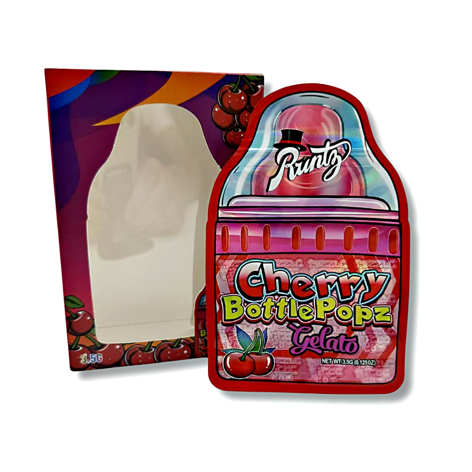 Mylar bags with box, herb Mylar Bags, Where to buy mylar bags, Custom mylar bags near me, Mylar Bags Wholesale.Packaged Cherry BottlePopz Gelato with colorful design on a white background