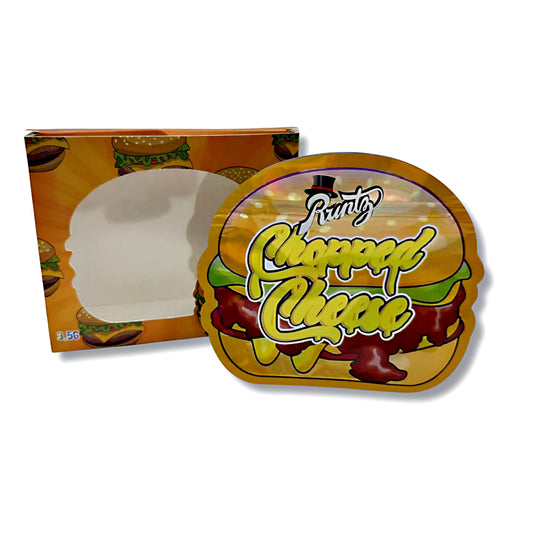 Mylar bags with box, herb Mylar Bags, Where to buy mylar bags, Custom mylar bags near me, Mylar Bags Wholesale.Tray with 'Chopped Cheese' design and packaging on a white background