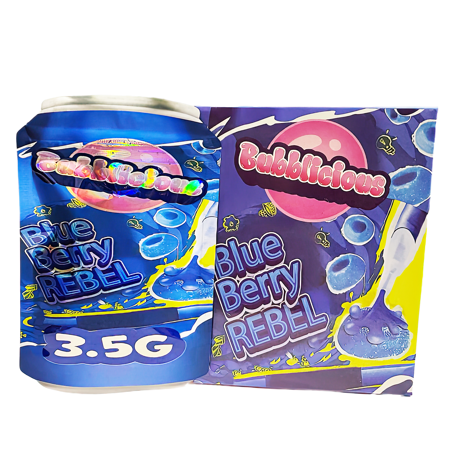 3.5g Shaped Mylar Bag with Box - Bubblicious Blueberry Rebel (25 Bags+25Boxes)