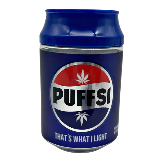 Can Mylar bag 3.5g, herb Mylar Bags, Where to buy mylar bags, Custom mylar bags near me, Mylar Bags Wholesale. Blue can-shaped container with PUFFSI branding on a white background