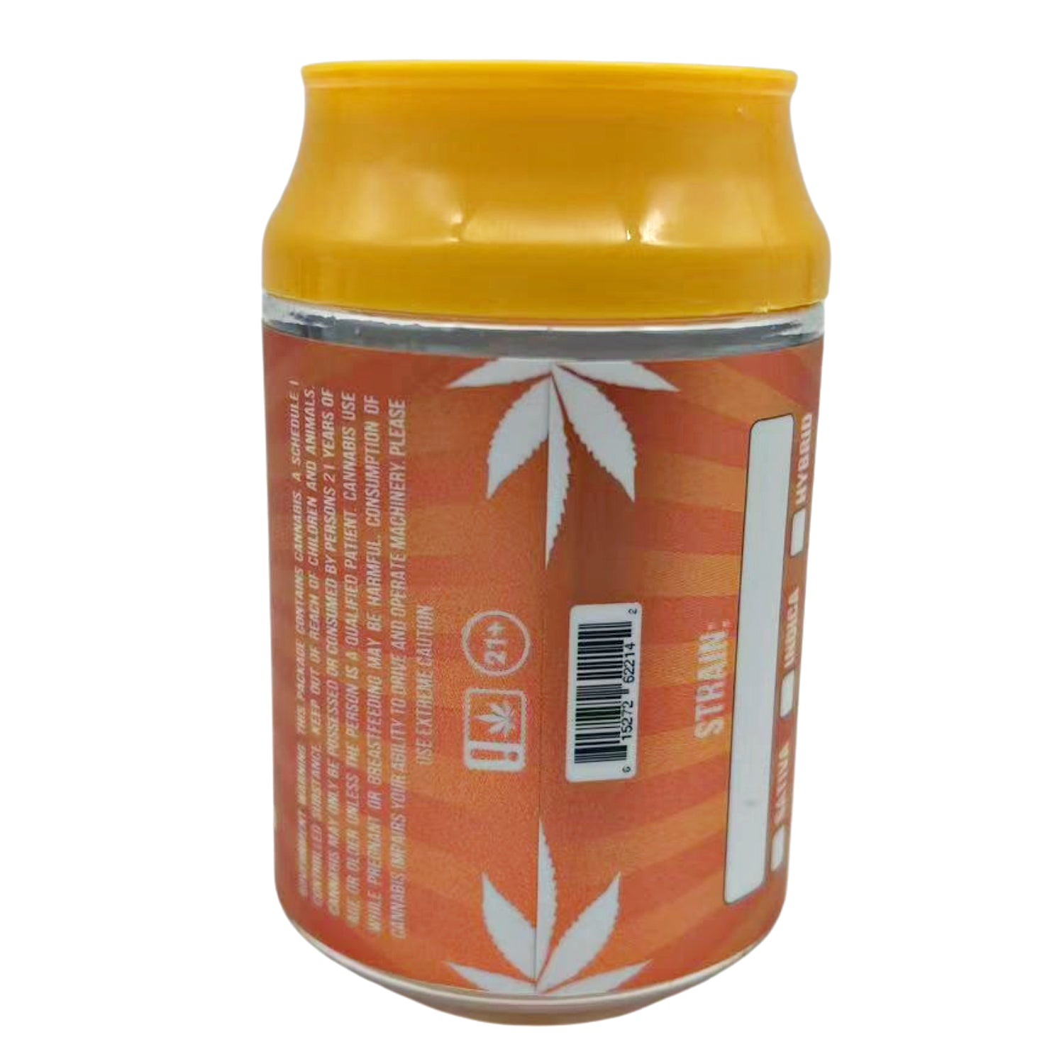 Can Mylar bag 3.5g, herb Mylar Bags, Where to buy mylar bags, Custom mylar bags near me, Mylar Bags Wholesale. Orange can with a yellow lid featuring a herb leaf design on a white background