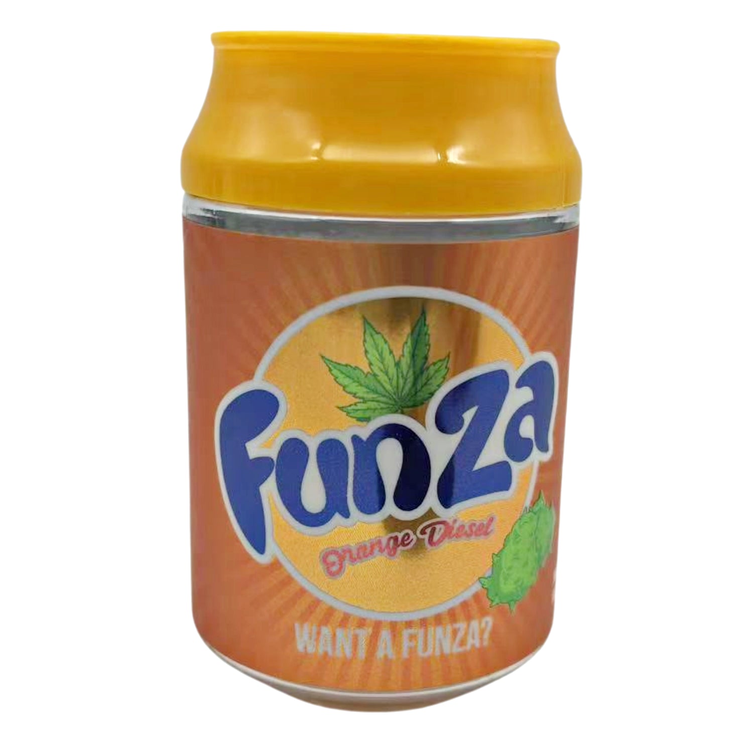 Can Mylar bag 3.5g, herb Mylar Bags, Where to buy mylar bags, Custom mylar bags near me, Mylar Bags Wholesale. Can of Funza Orange Diesel on a white background
