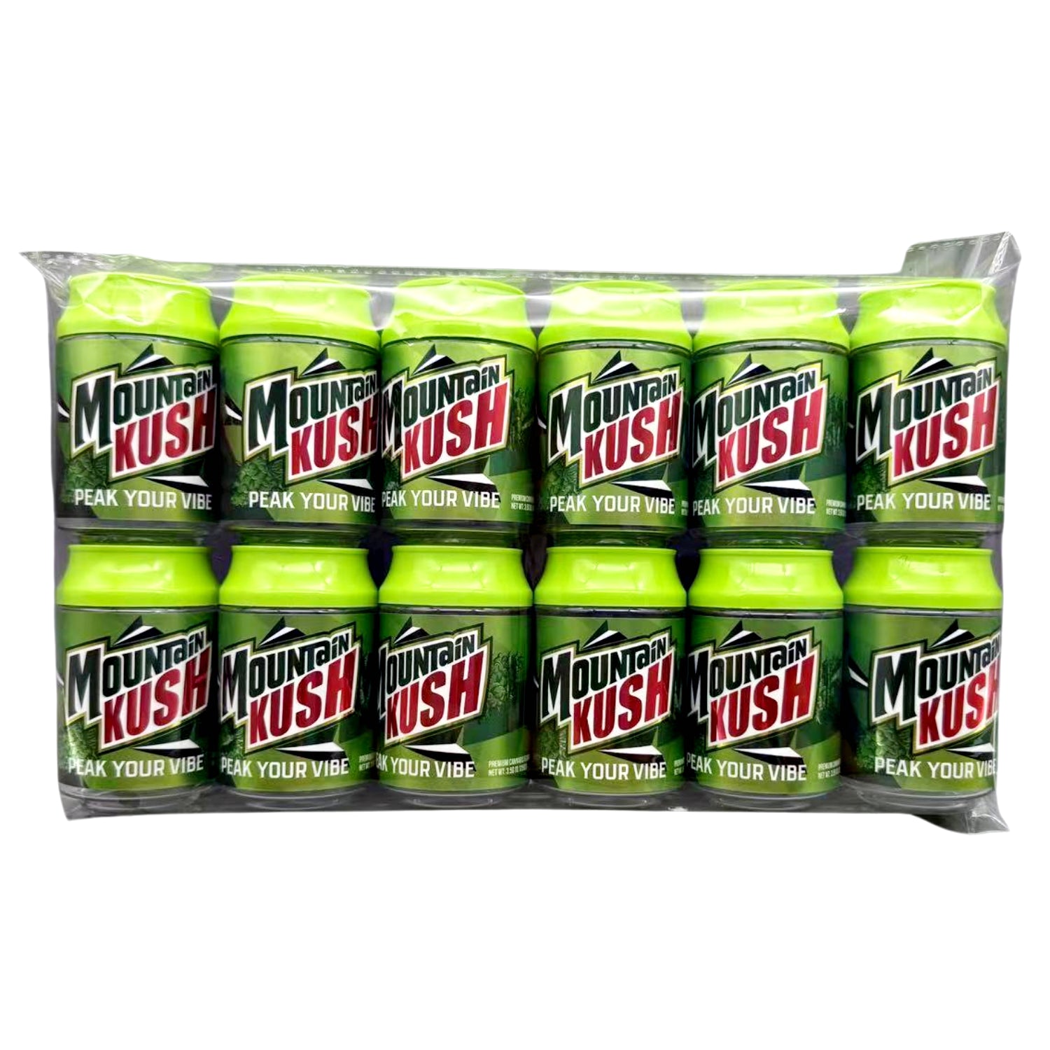 Can Mylar bag 3.5g, herb Mylar Bags, Where to buy mylar bags, Custom mylar bags near me, Mylar Bags Wholesale. Pack of Mountain Kush energy drinks on a white background
