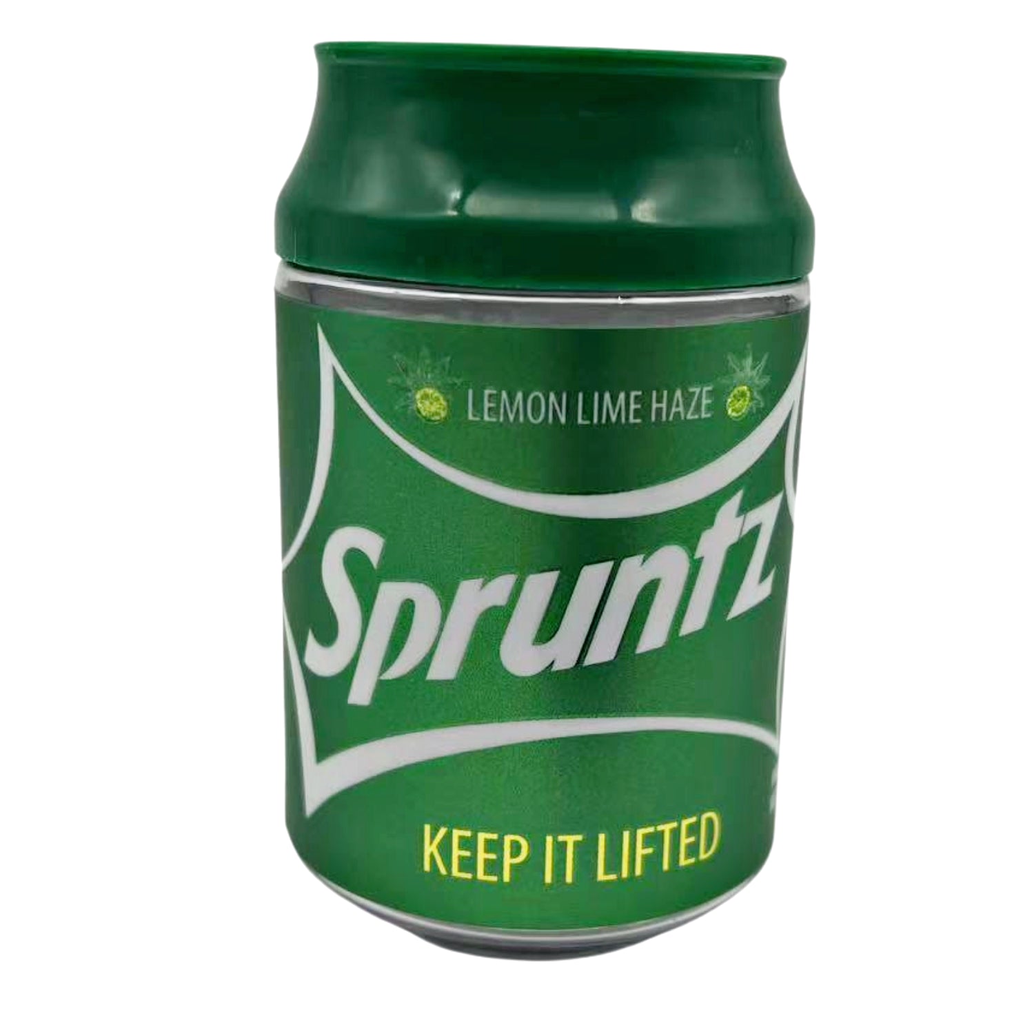 Can Mylar bag 3.5g, herb Mylar Bags, Where to buy mylar bags, Custom mylar bags near me, Mylar Bags Wholesale. Green can of Spruntz lemon lime haze on a white background