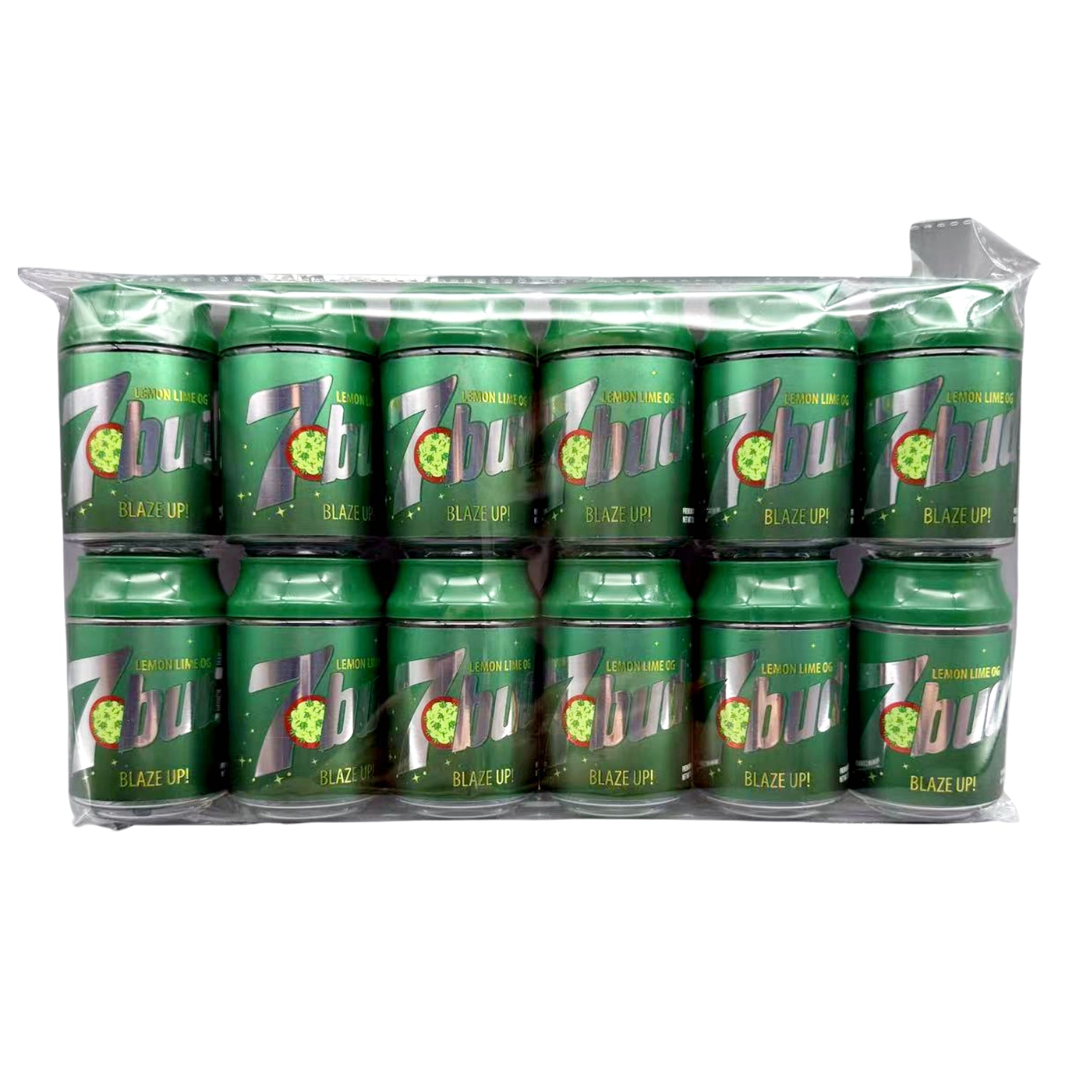 Can Mylar bag 3.5g, herb Mylar Bags, Where to buy mylar bags, Custom mylar bags near me, Mylar Bags Wholesale. Pack of 12 green 7UP cans with 'Blaze Up' text on a white background