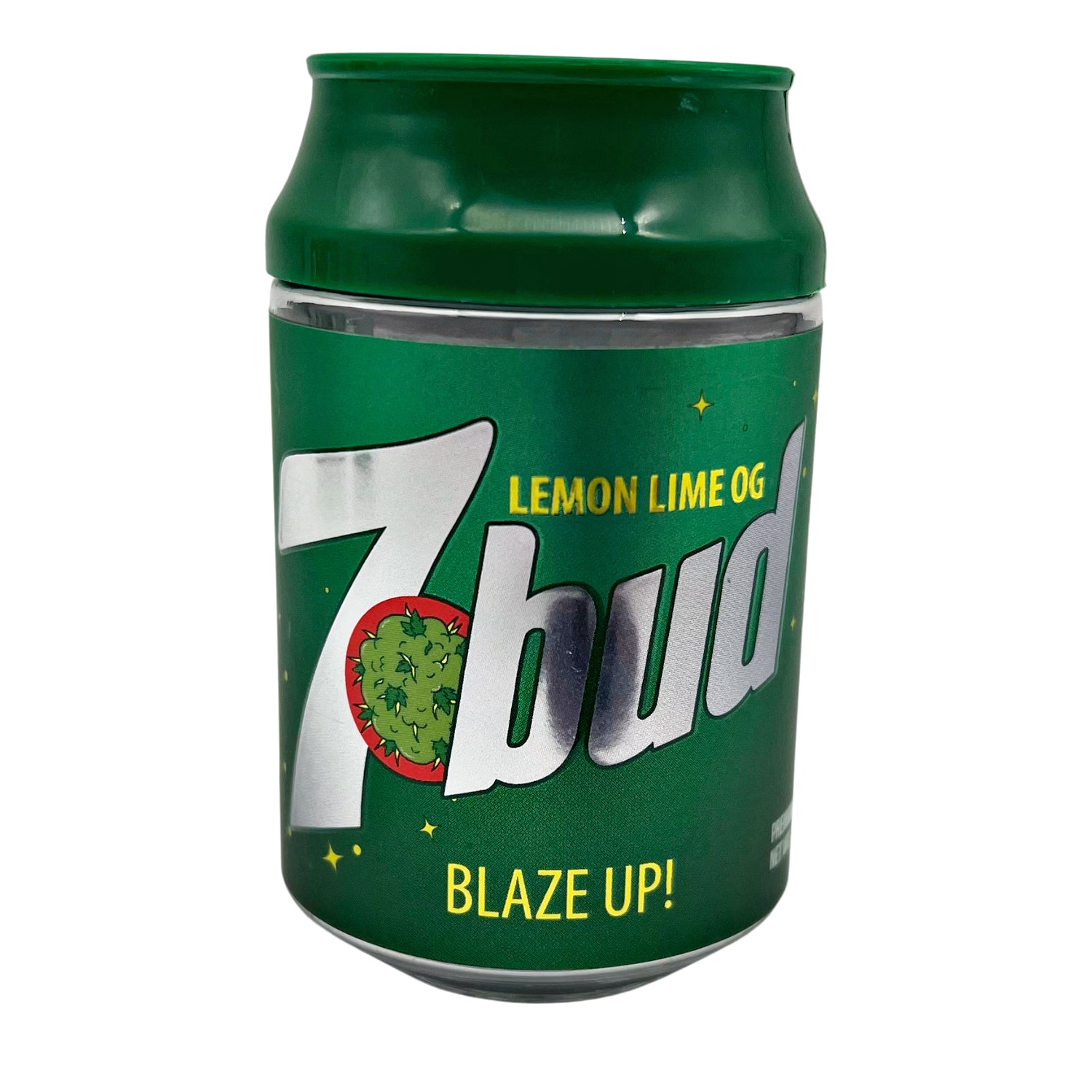 Can Mylar bag 3.5g, herb Mylar Bags, Where to buy mylar bags, Custom mylar bags near me, Mylar Bags Wholesale. Green can of 7bud Lemon Lime OG with branding on a white background