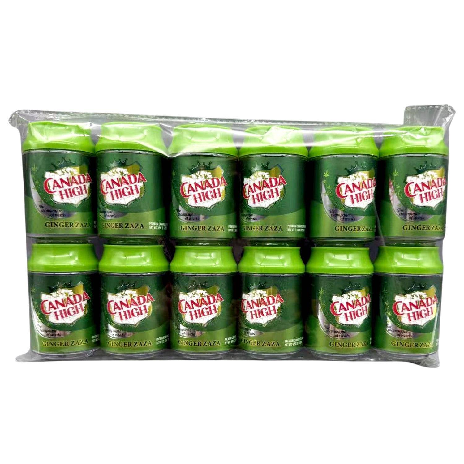 Can Mylar bag 3.5g, herb Mylar Bags, Where to buy mylar bags, Custom mylar bags near me, Mylar Bags Wholesale. Pack of Canada High Ginger Zaza drinks in green packaging.