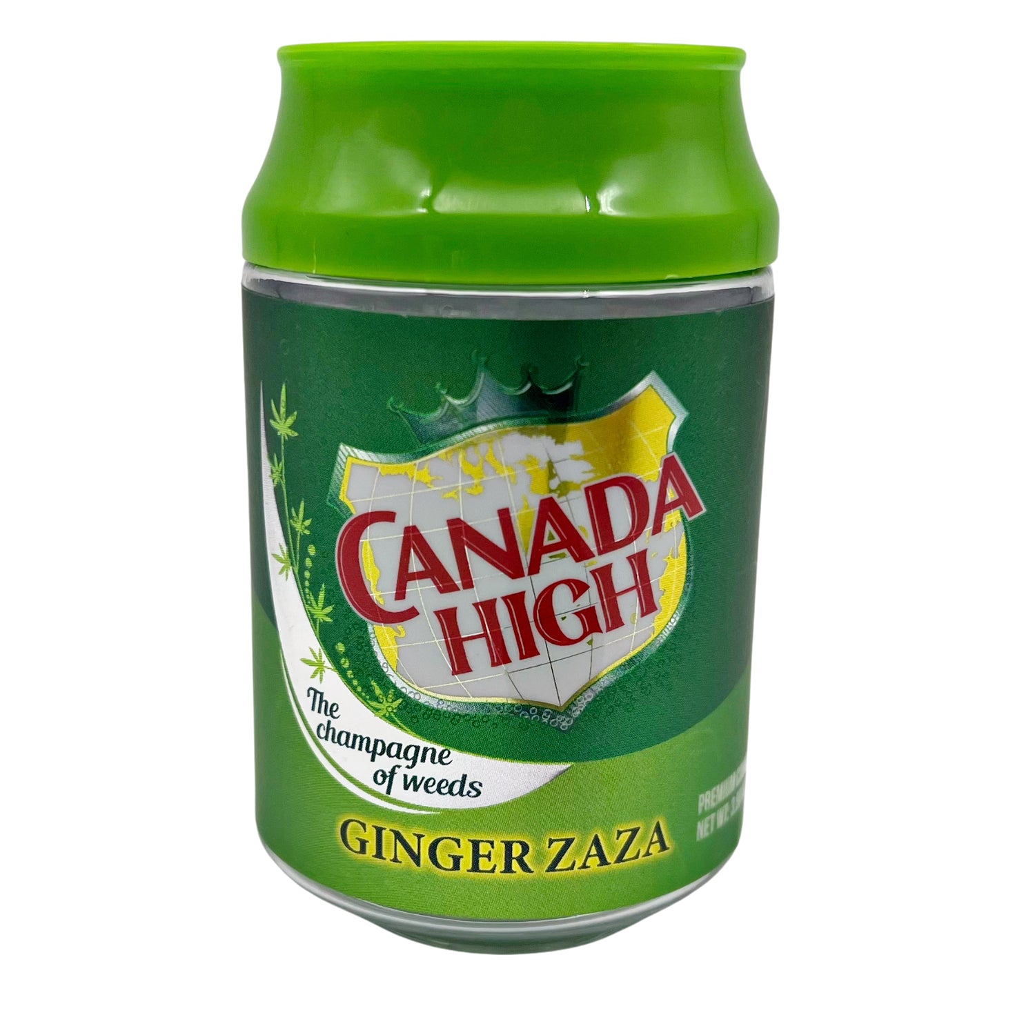 Can Mylar bag 3.5g, herb Mylar Bags, Where to buy mylar bags, Custom mylar bags near me, Mylar Bags Wholesale. Green can with 'Canada High' branding on a white background