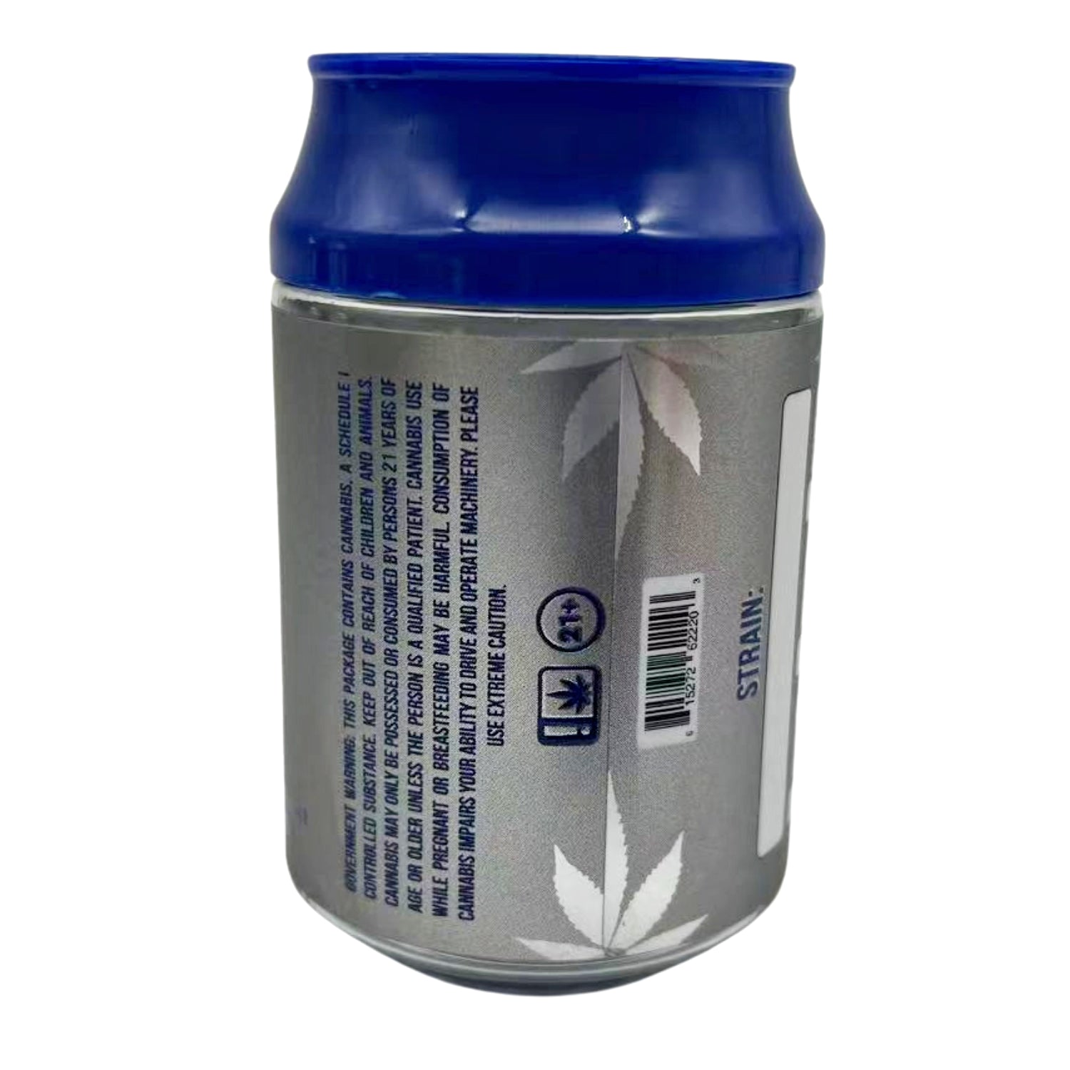 Can Mylar bag 3.5g, herb Mylar Bags, Where to buy mylar bags, Custom mylar bags near me, Mylar Bags Wholesale. Cylindrical container with blue lid and herb leaf design on a white background