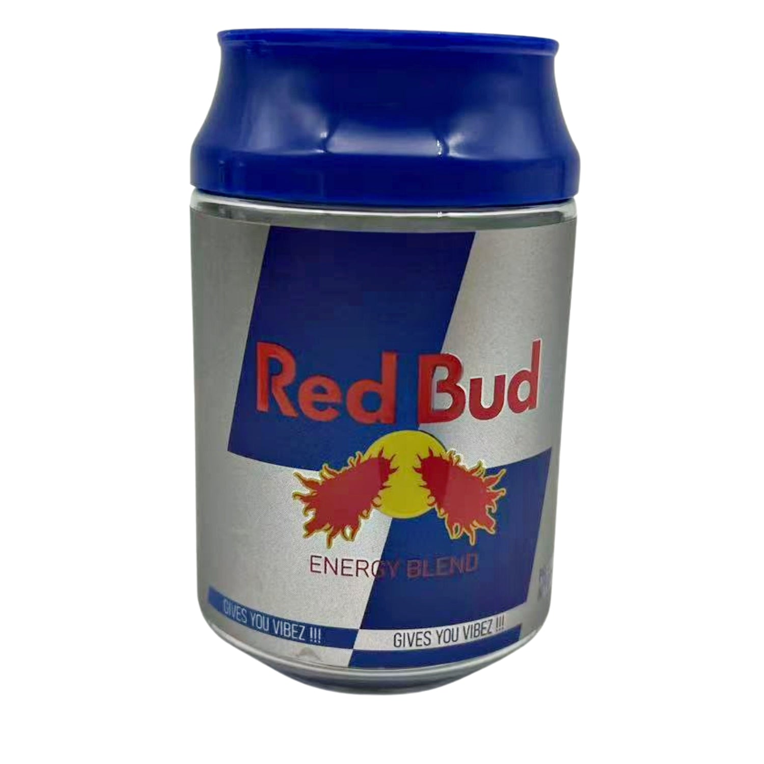 Can Mylar bag 3.5g, herb Mylar Bags, Where to buy mylar bags, Custom mylar bags near me, Mylar Bags Wholesale. Red Bud energy blend can on a white background