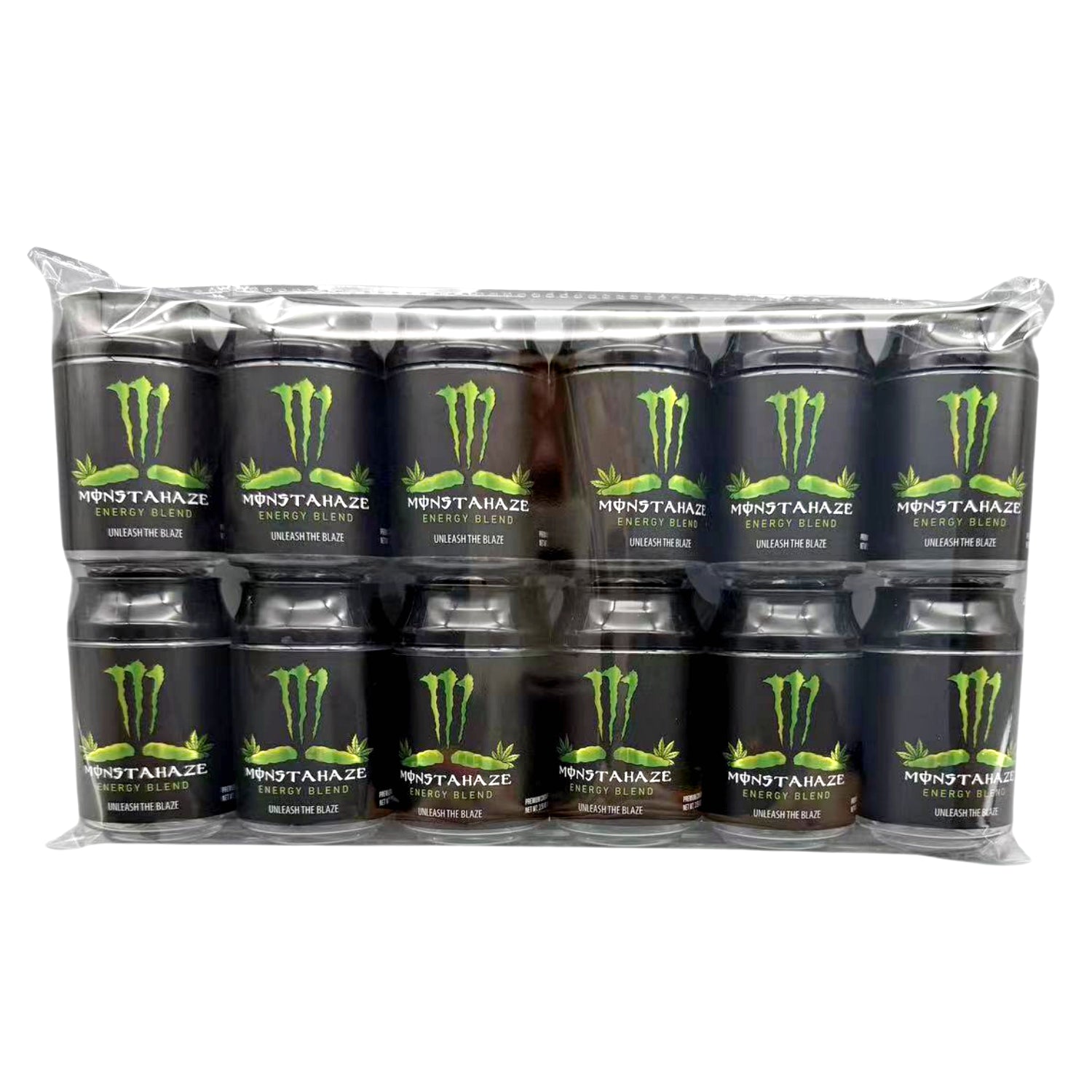 Can Mylar bag 3.5g, herb Mylar Bags, Where to buy mylar bags, Custom mylar bags near me, Mylar Bags Wholesale. Pack of Monster Energy drinks in a clear plastic sleeve on a white background