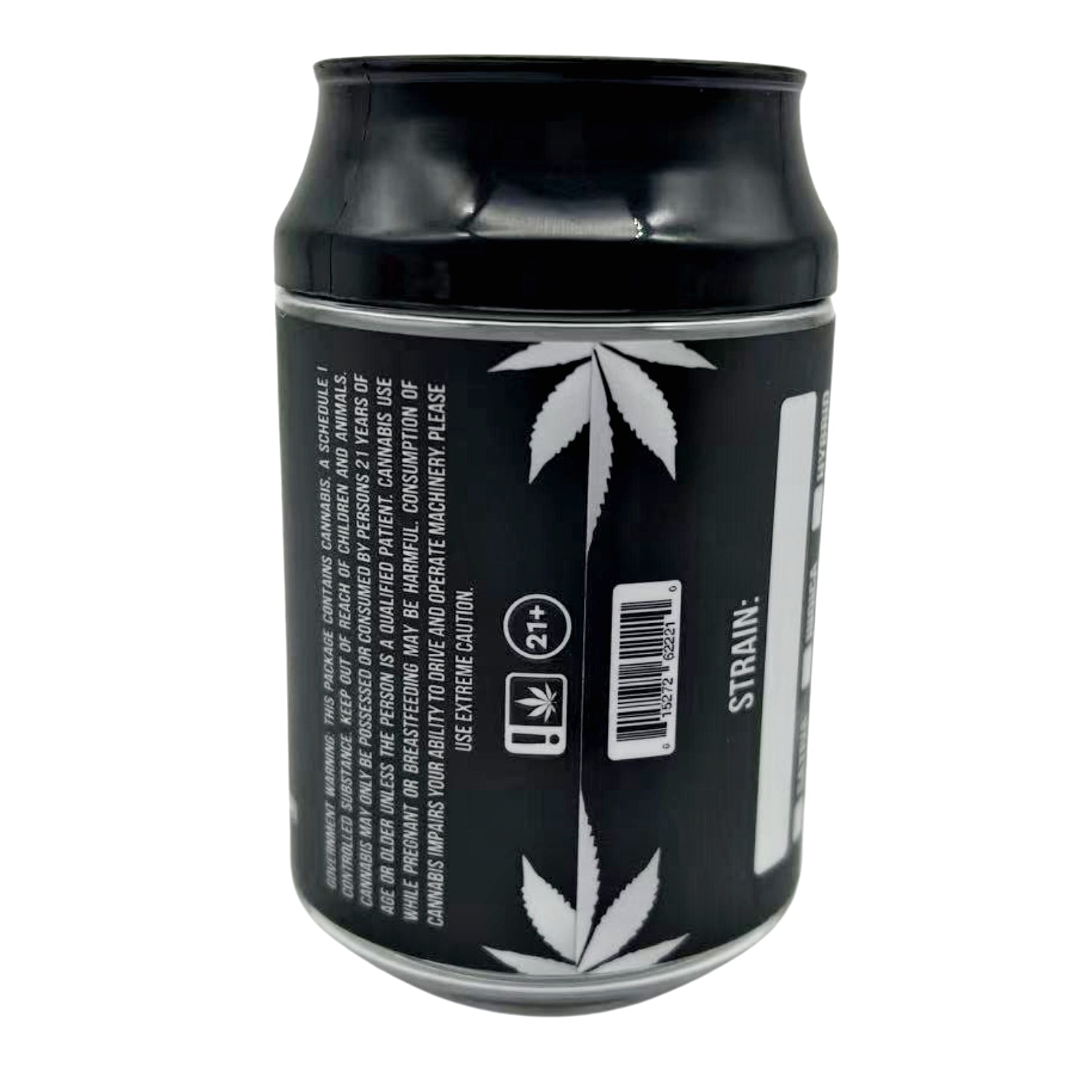 Can Mylar bag 3.5g, herb Mylar Bags, Where to buy mylar bags, Custom mylar bags near me, Mylar Bags Wholesale. Black can with white herb leaf design and text on a white background