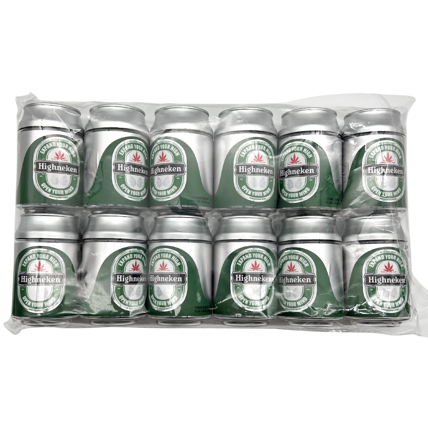 Can Mylar bag 3.5g, herb Mylar Bags, Where to buy mylar bags, Custom mylar bags near me, Mylar Bags Wholesale. Pack of Heineken beer cans with a herb leaf symbol on a white background