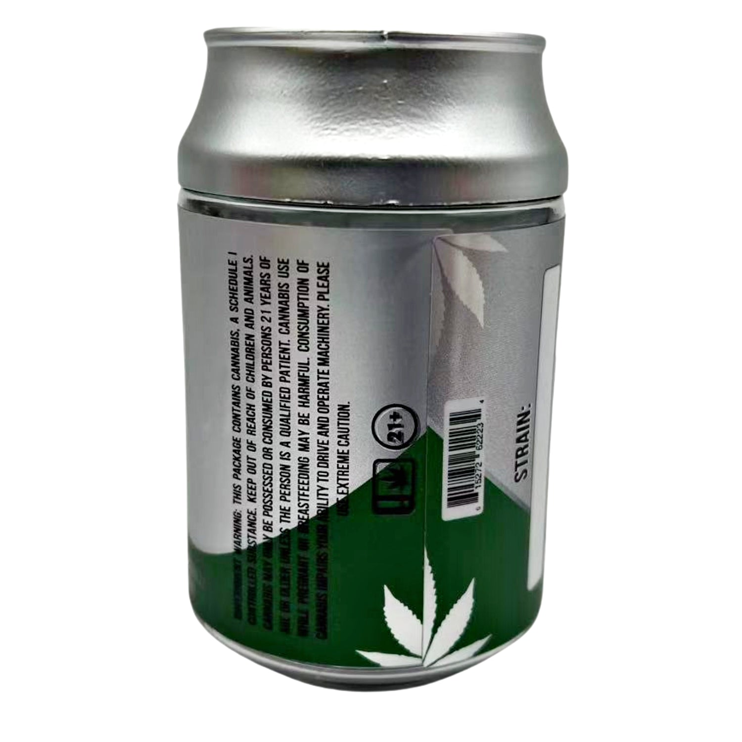 Can Mylar bag 3.5g, herb Mylar Bags, Where to buy mylar bags, Custom mylar bags near me, Mylar Bags Wholesale. Silver can with green label featuring a herb leaf on a white background