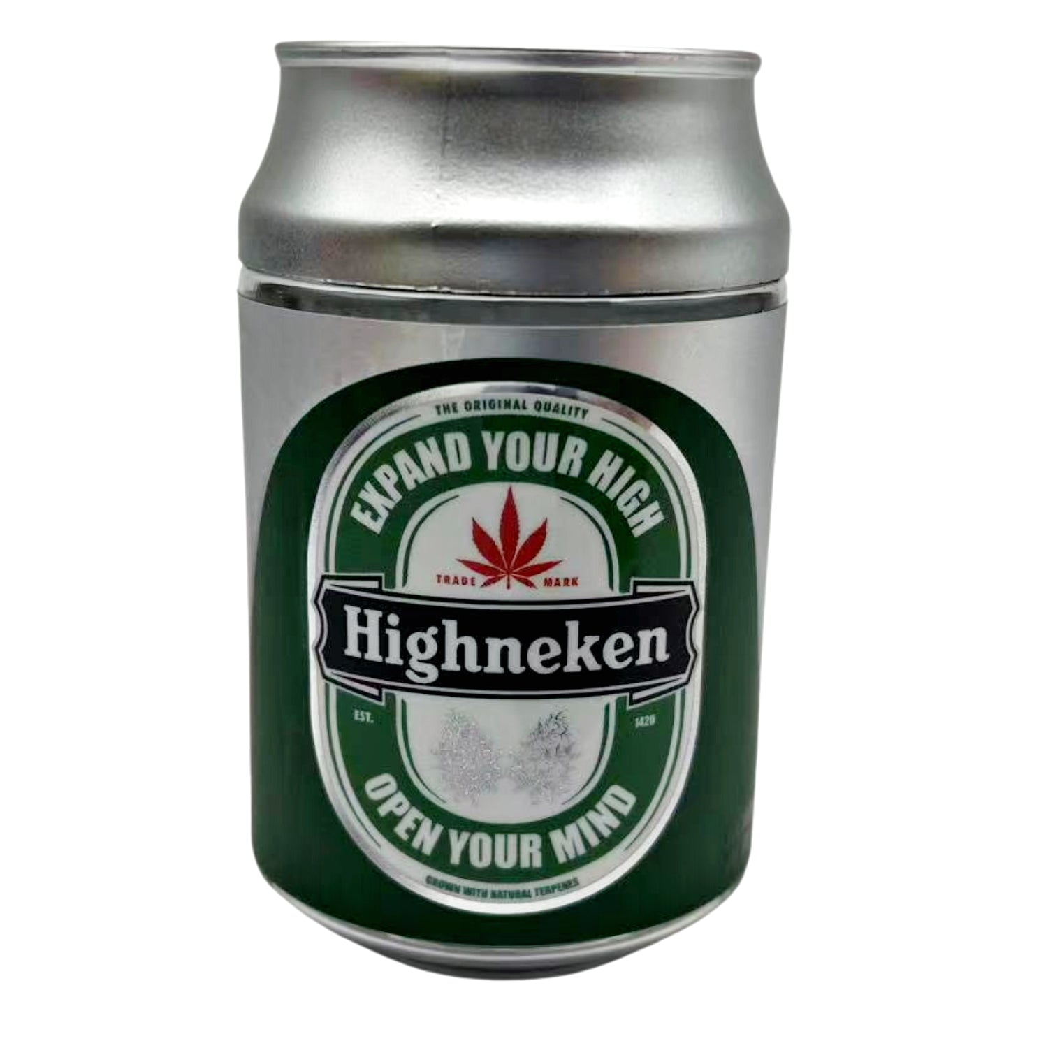 Can Mylar bag 3.5g, herb Mylar Bags, Where to buy mylar bags, Custom mylar bags near me, Mylar Bags Wholesale. Canister with Highneken branding and marijuana leaf symbol on a white background