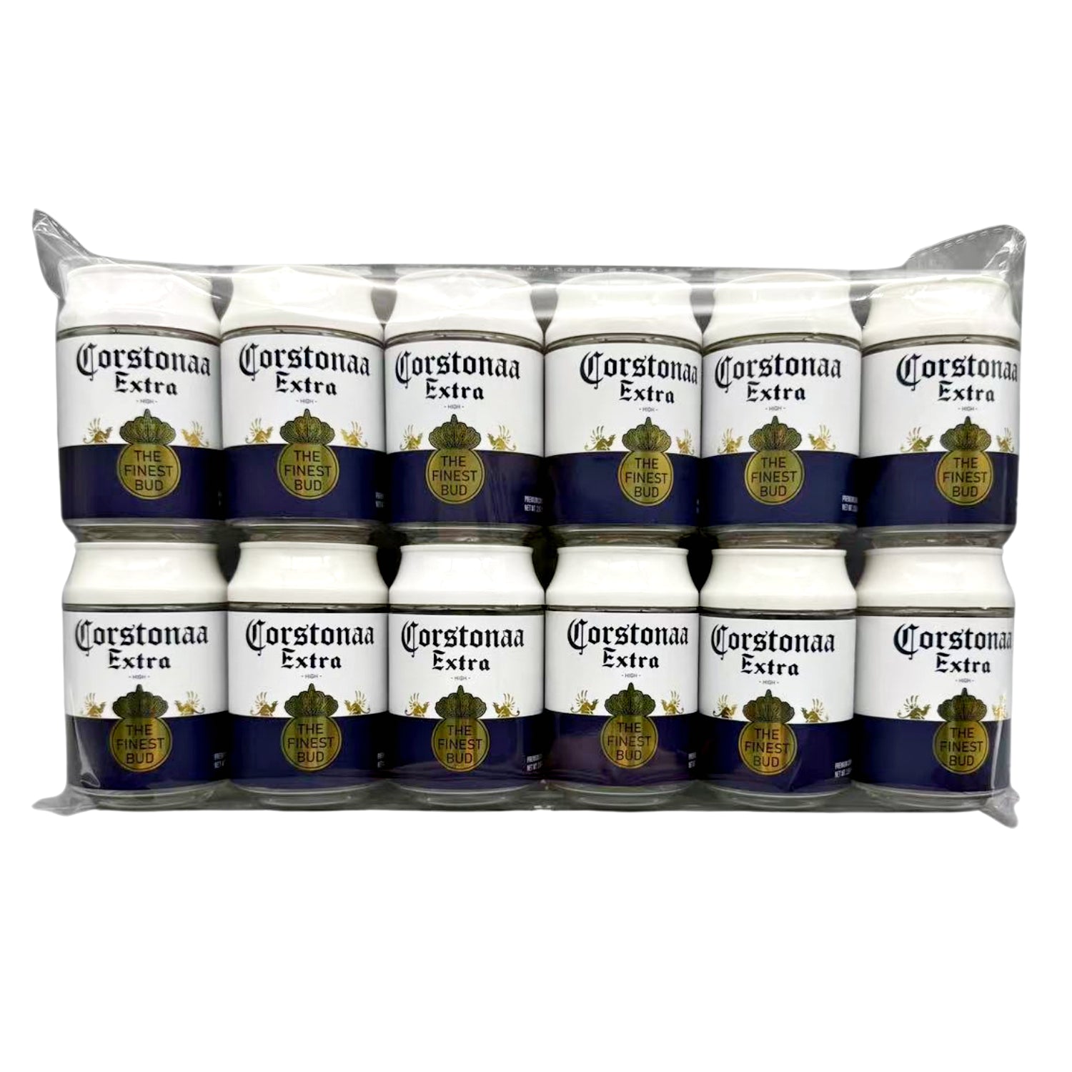 Can Mylar bag 3.5g, herb Mylar Bags, Where to buy mylar bags, Custom mylar bags near me, Mylar Bags Wholesale. Pack of Corstonaa Extra beer bottles in a plastic wrap on a white background