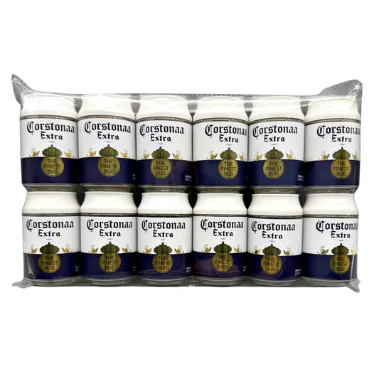 Can Mylar bag 3.5g, herb Mylar Bags, Where to buy mylar bags, Custom mylar bags near me, Mylar Bags Wholesale. Pack of Corstonaa Extra beer bottles in a plastic wrap on a white background