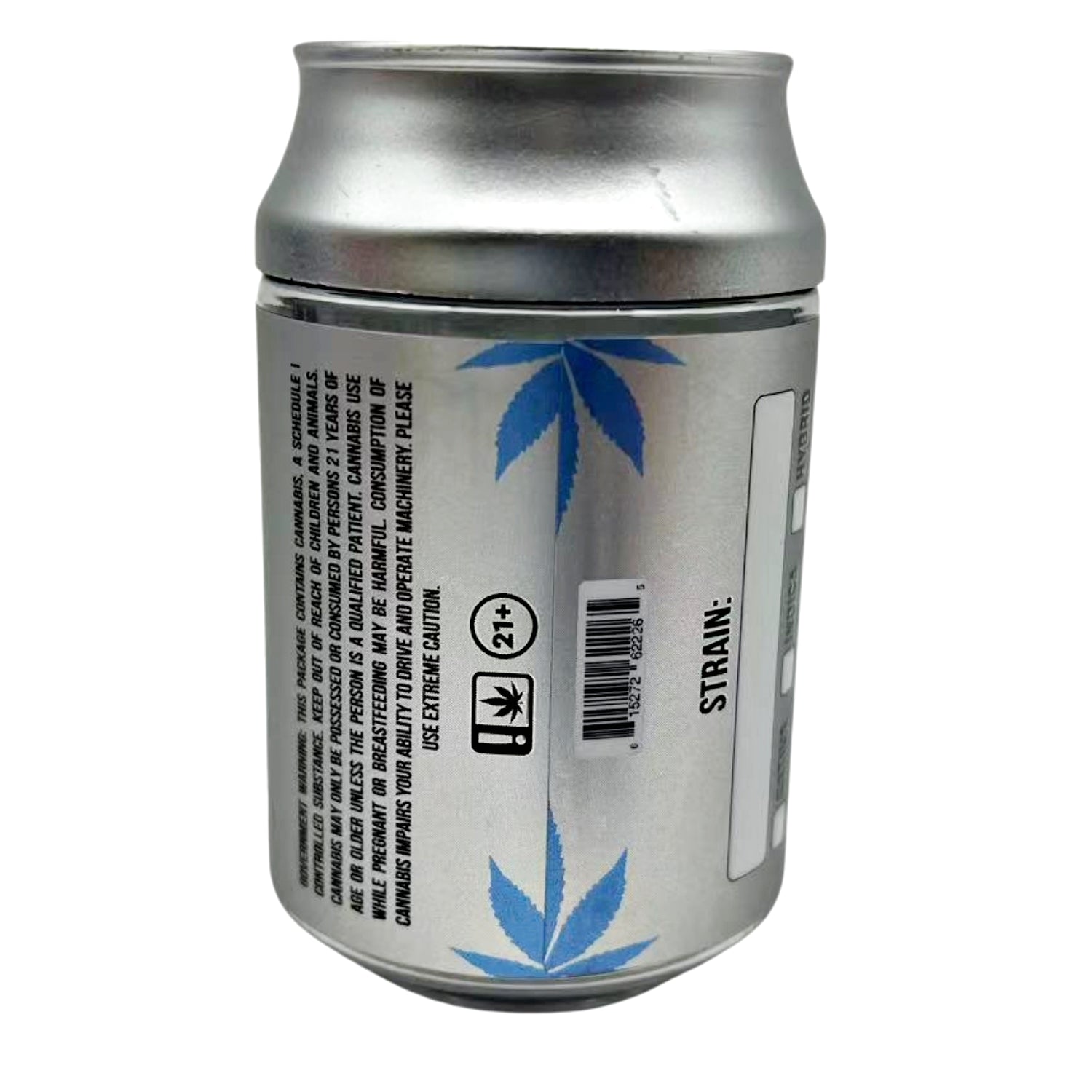 Can Mylar bag 3.5g, herb Mylar Bags, Where to buy mylar bags, Custom mylar bags near me, Mylar Bags Wholesale. Silver can with blue leaf design on a white background