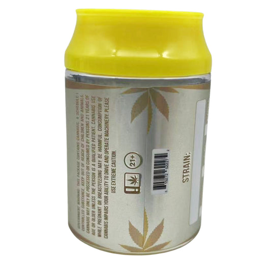 Can Mylar bag 3.5g, herb Mylar Bags, Where to buy mylar bags, Custom mylar bags near me, Mylar Bags Wholesale. herb product container with yellow lid and label on a white background