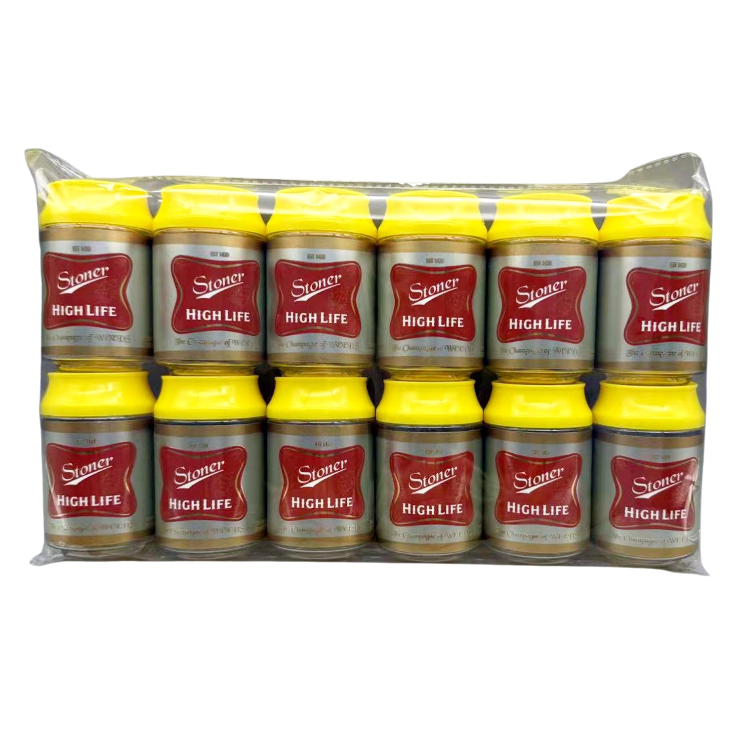 Can Mylar bag 3.5g, herb Mylar Bags, Where to buy mylar bags, Custom mylar bags near me, Mylar Bags Wholesale. Pack of Stoner High Life products with yellow and red labels.