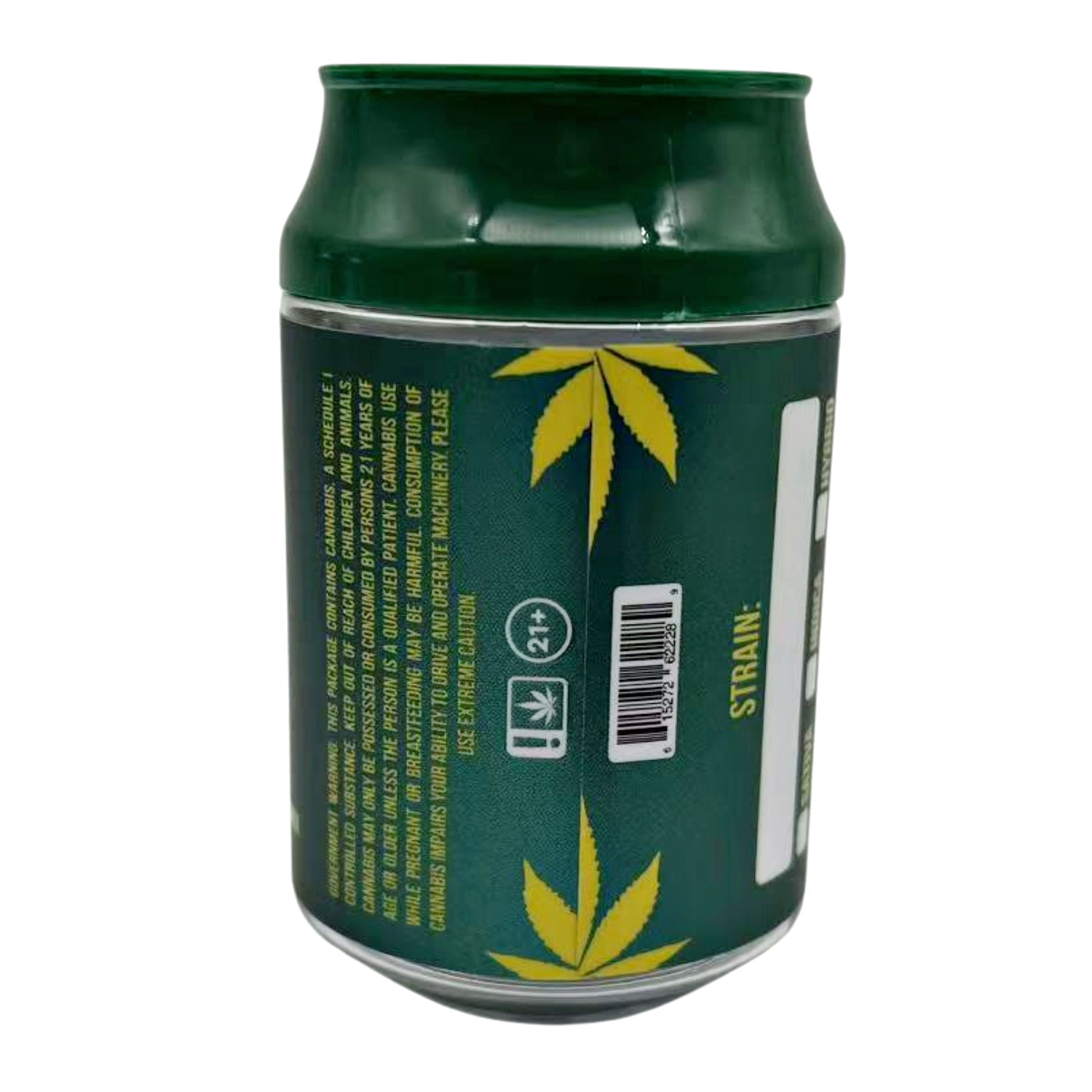 Can Mylar bag 3.5g, herb Mylar Bags, Where to buy mylar bags, Custom mylar bags near me, Mylar Bags Wholesale. Green can with yellow herb leaf design on a white background