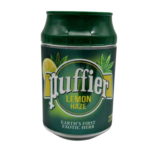 Can Mylar bag 3.5g, herb Mylar Bags, Where to buy mylar bags, Custom mylar bags near me, Mylar Bags Wholesale. Green can labeled 'Puffier Lemon Haze' on a white background