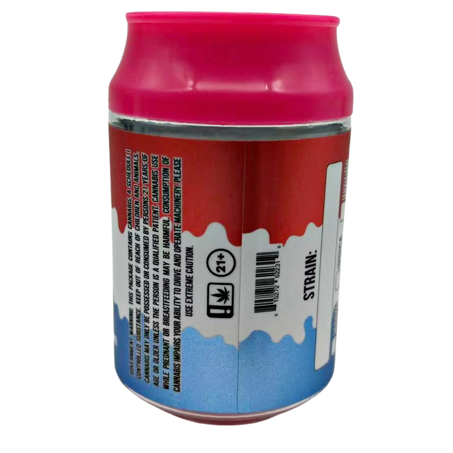 Can Mylar bag 3.5g, herb Mylar Bags, Where to buy mylar bags, Custom mylar bags near me, Mylar Bags Wholesale. Can with pink top and multicolored label on a white background