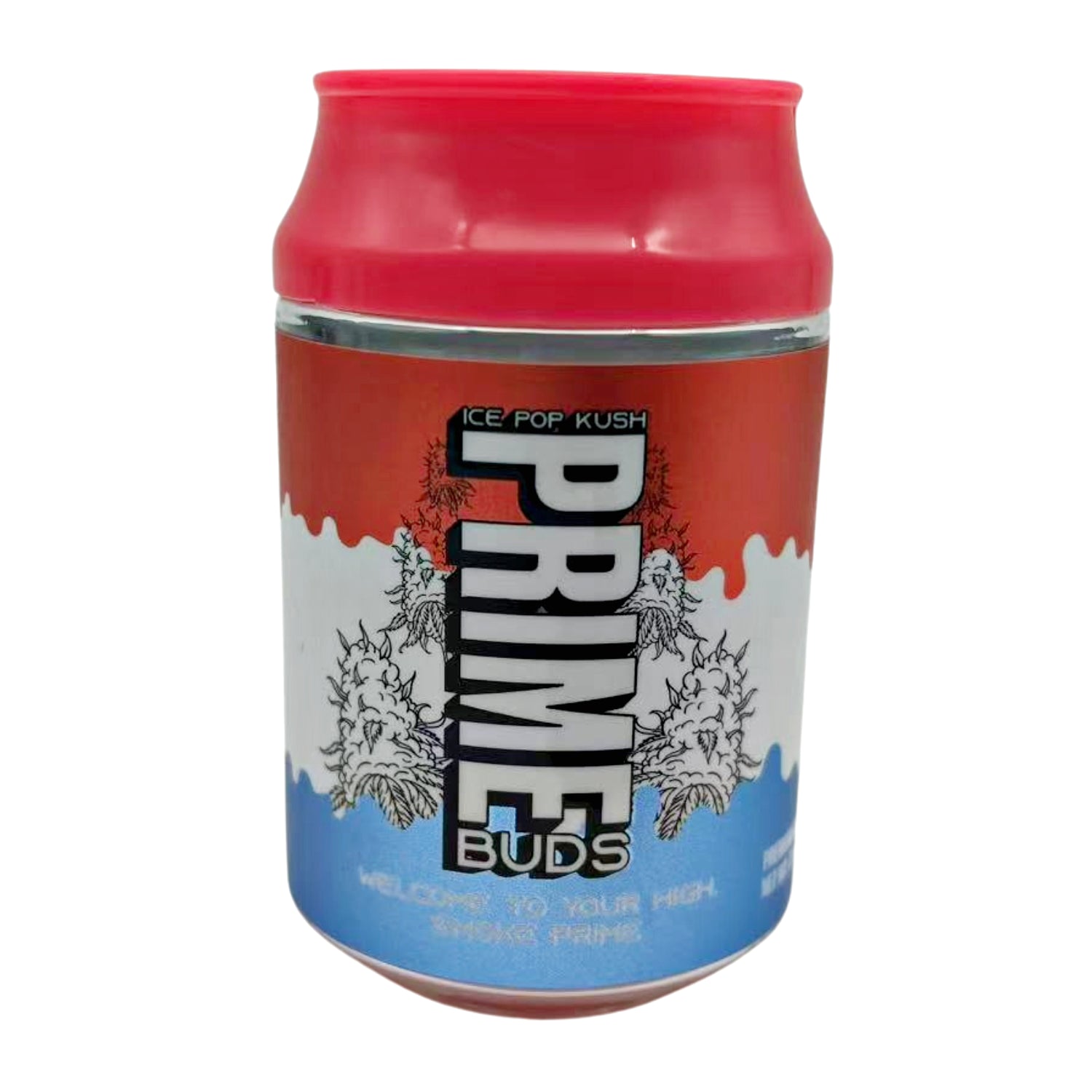 Can Mylar bag 3.5g, herb Mylar Bags, Where to buy mylar bags, Custom mylar bags near me, Mylar Bags Wholesale. Canister labeled 'Prime Buds' with red top and blue bottom on a white background