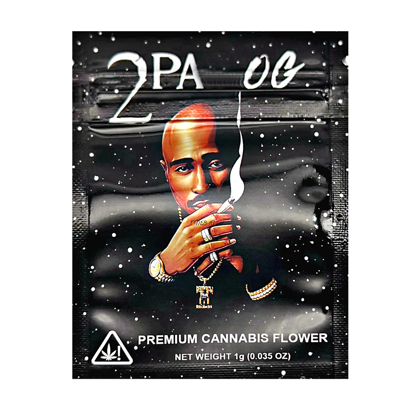 Mylar Bag Cannabis packaging with a stylized portrait and '2Pac OG' branding.