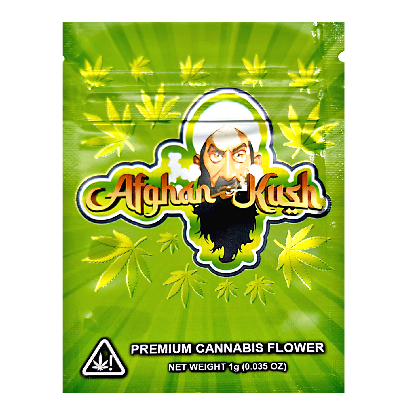 Mylar Bag Green packaging of Afghan Kush premium cannabis flower with brand logo and warning triangle.