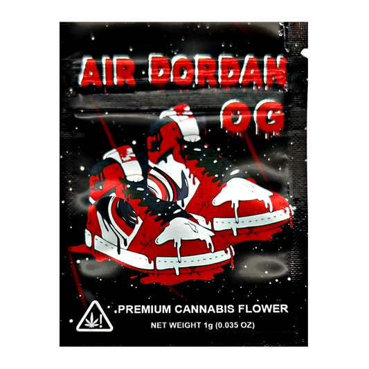 Mylar Bag herb product packaging with red and white design on a black background