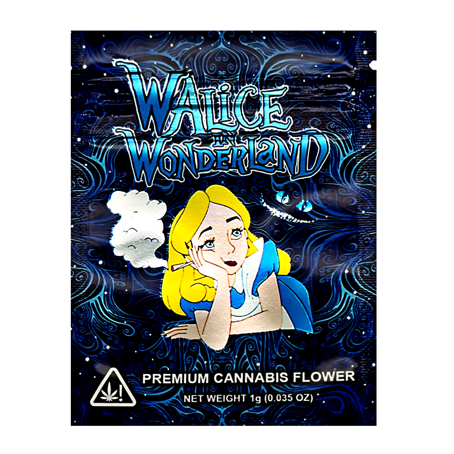 Mylar Bag herb product packaging with cartoon character and 'Walice Wonderland' branding.