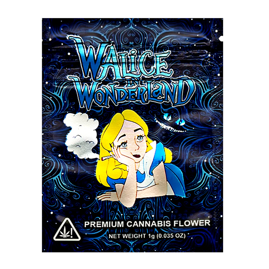 Mylar Bag herb product packaging with cartoon character and 'Walice Wonderland' branding.