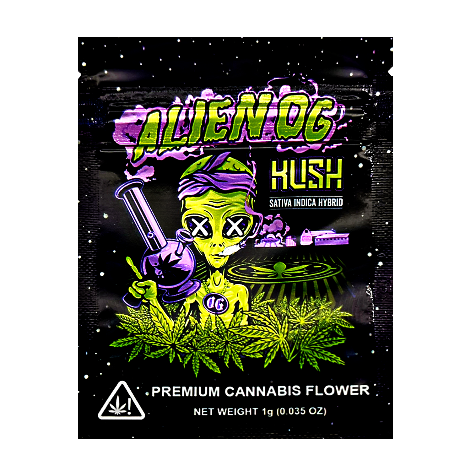 Mylar Bag Alien OG Kush herb packaging with a colorful design and text.