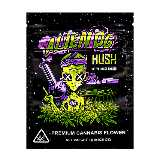 Mylar Bag Alien OG Kush herb packaging with a colorful design and text.