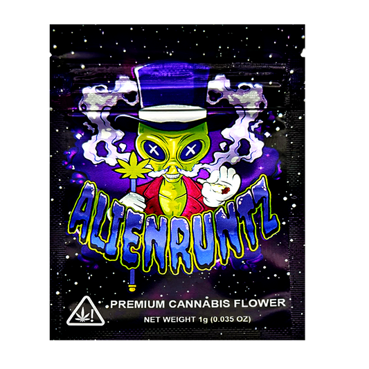 Mylar Bag Alien themed herb packaging with colorful design and text.