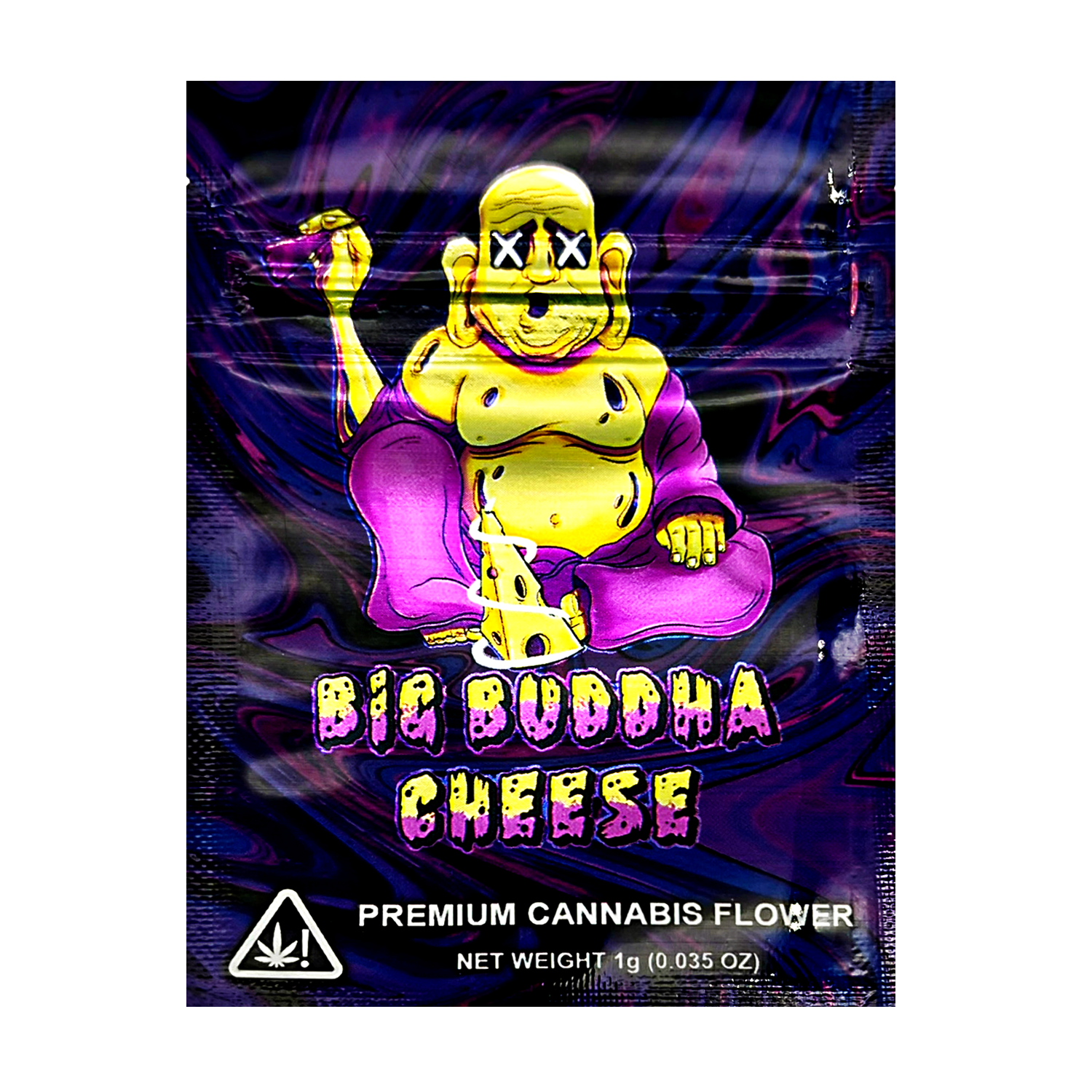 Mylar Bag Big Buddha Cheese herb product packaging with a colorful design and character on a black background.