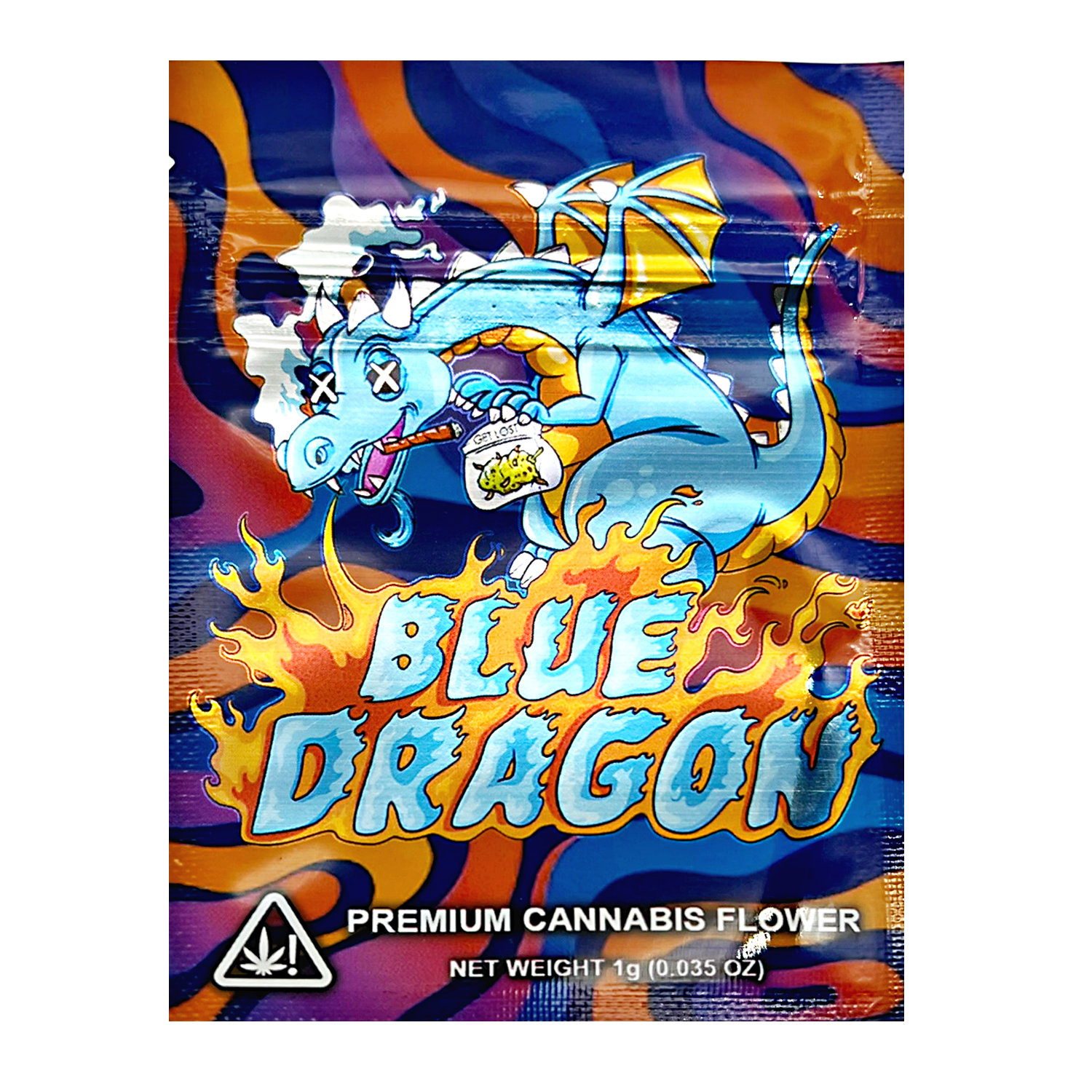 Mylar Bag Colorful packaging of Blue Dragon premium herb flower with a dragon illustration.