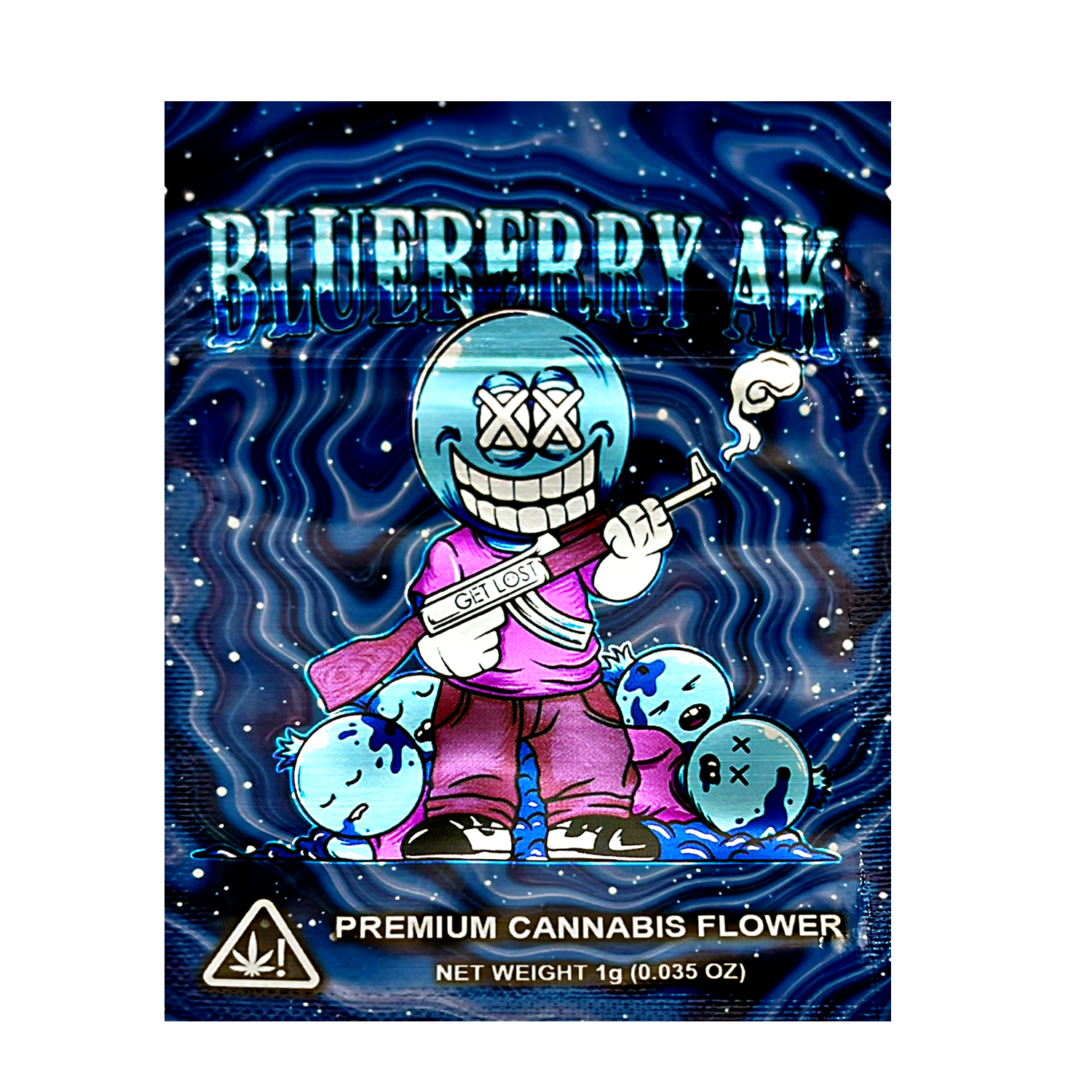 Mylar Bag herb product packaging with cartoon character and blue theme