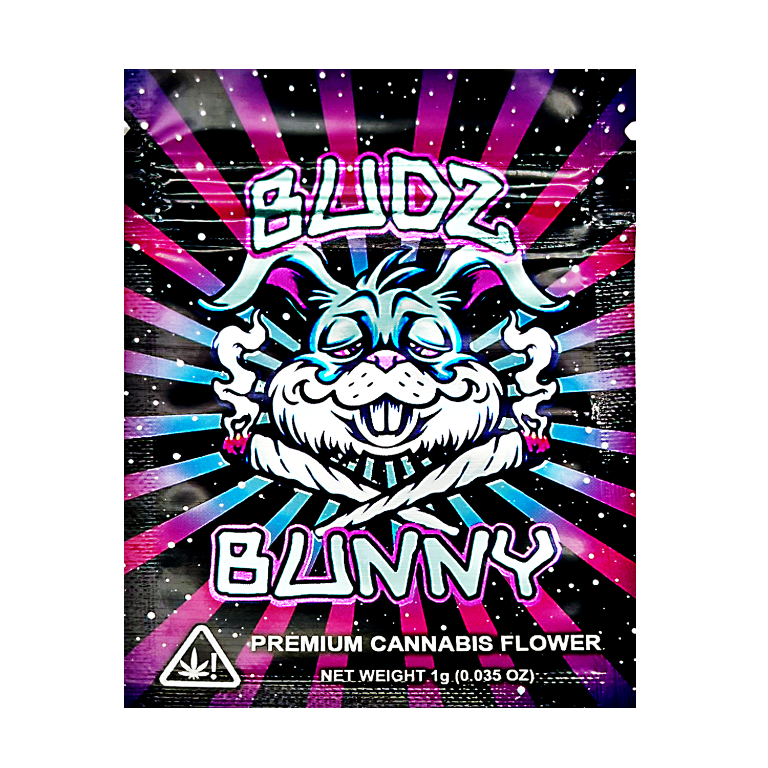 Mylar Bag Bludz Bunny premium herb flower packaging with colorful design and cartoon character.