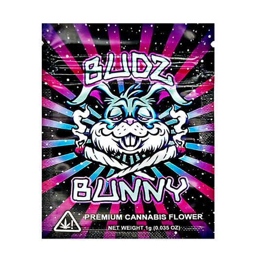 Mylar Bag Bludz Bunny premium herb flower packaging with colorful design and cartoon character.