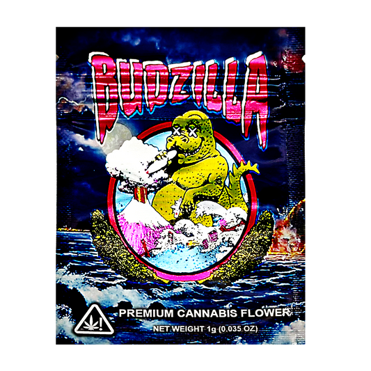 Mylar Bag herb product packaging with a cartoon character and 'Budzilla' branding.