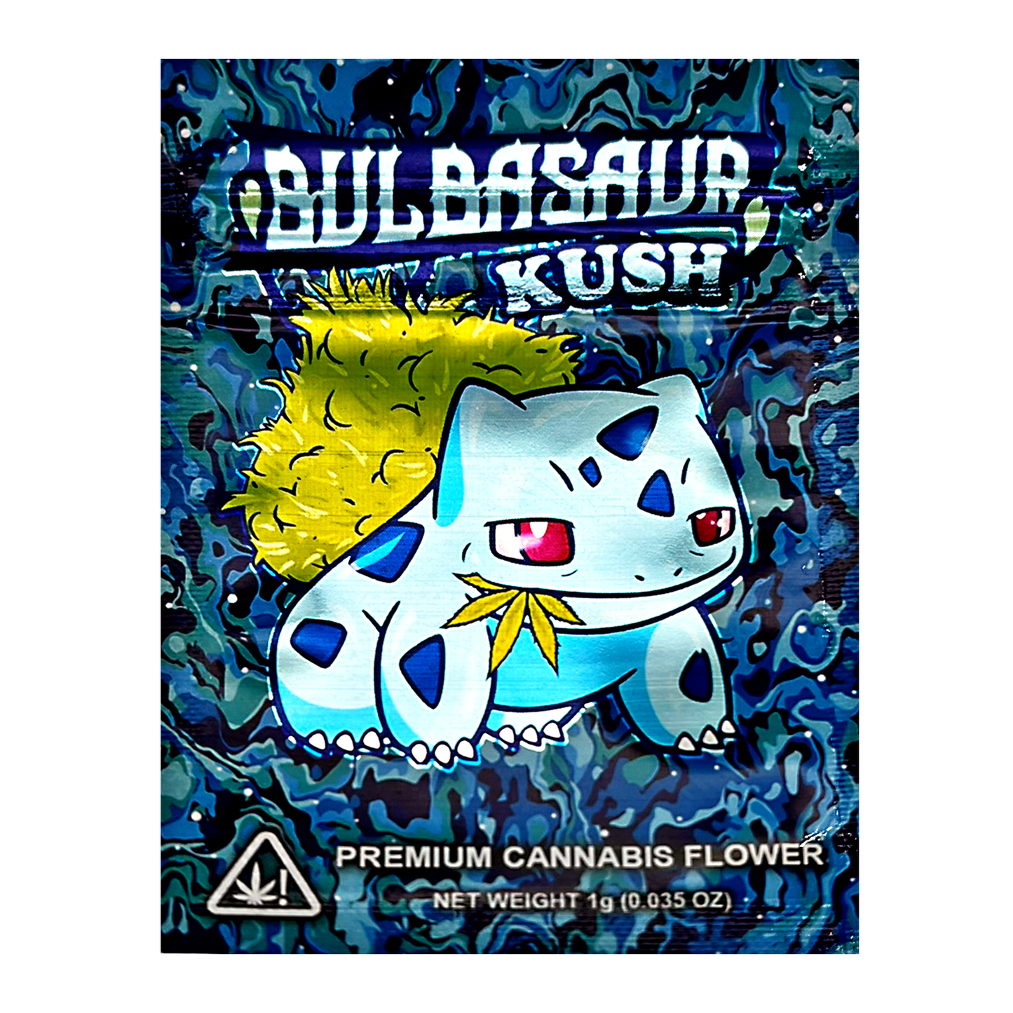 Mylar Bag Packaging of Bulbasaur Kush with a cartoon character on a blue and green patterned background.