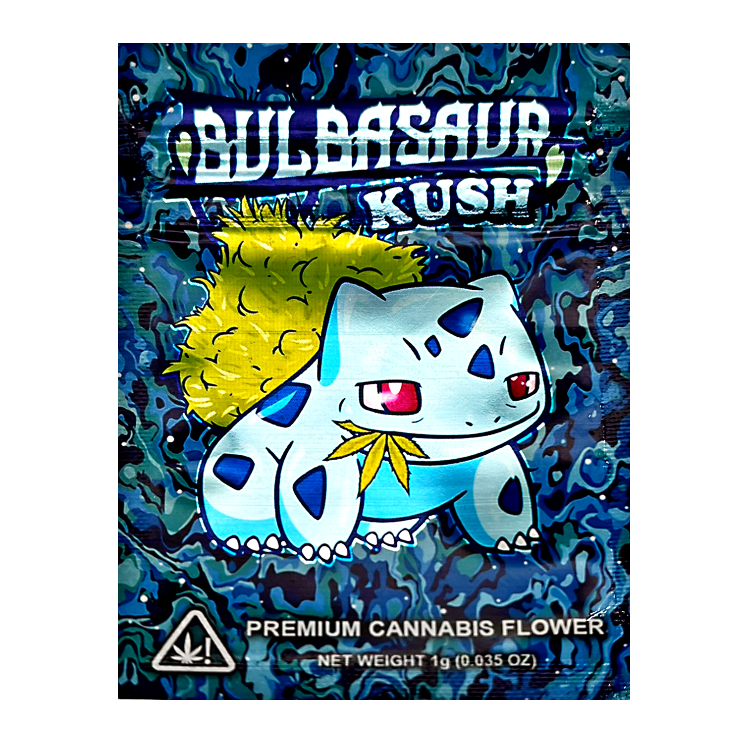 Mylar Bag Packaging of Bulbasaur Kush with a cartoon character on a blue and green patterned background.