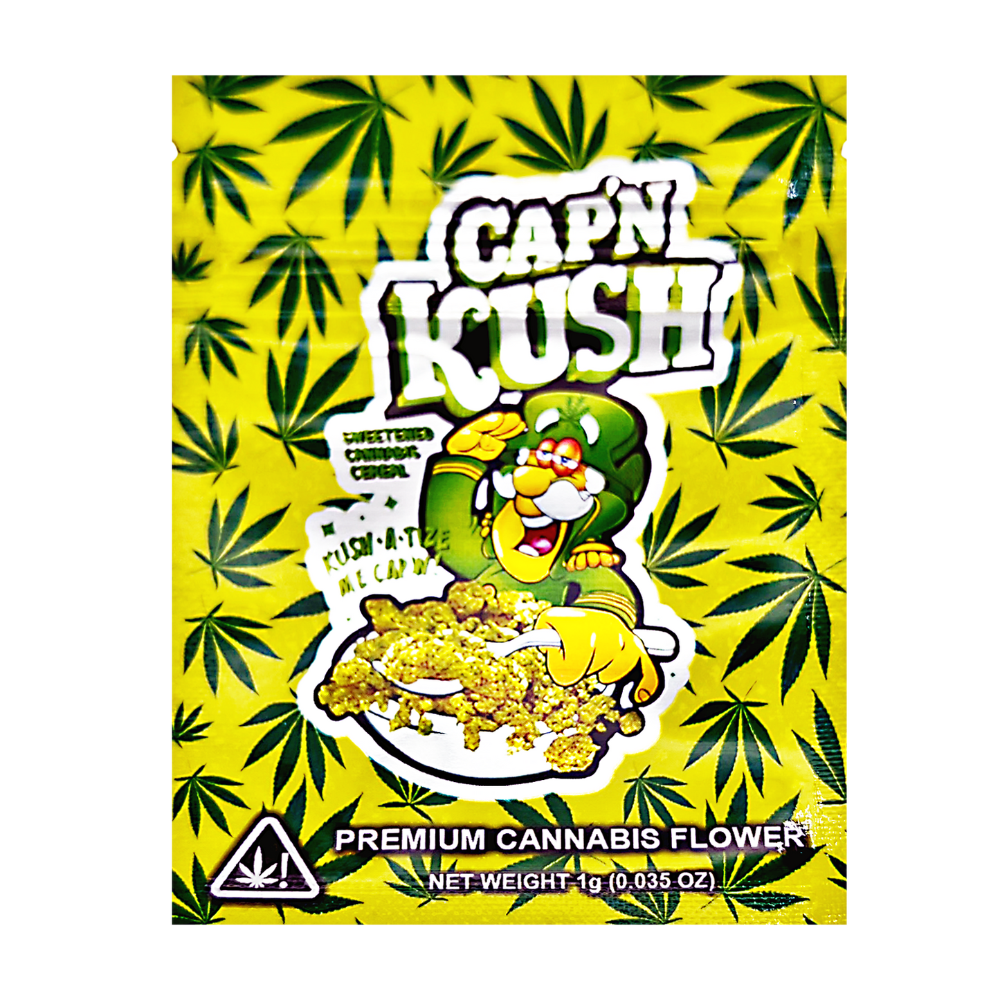 Mylar Bag Cap'n Kush cannabis flower packaging with cartoon character and leaf pattern