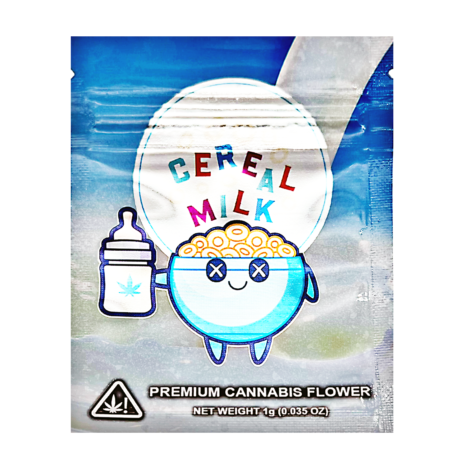 Mylar Bag herb product packaging with cartoon character and text 'Cereal Milk' on a blue and white background.